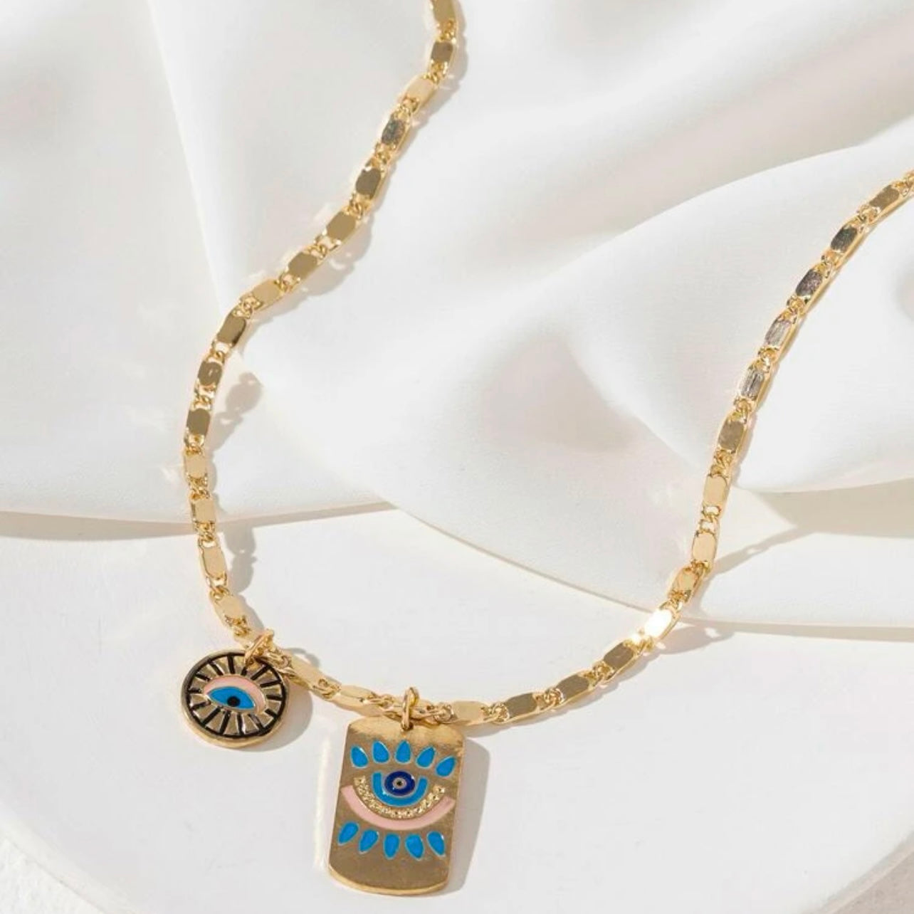 Gold Plated Evil Eye & Protection Pendant Necklace With Blue Accents And A 17In Chain