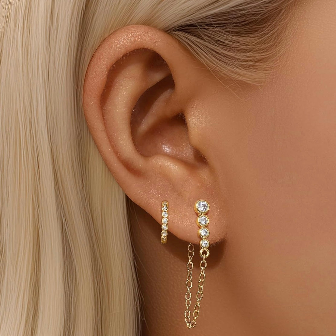 Gold Ear Stack Set – Dainty Hoop & Chain Earrings with CZ Gemstones | Ear Party, Ladies Pierced Jewelry