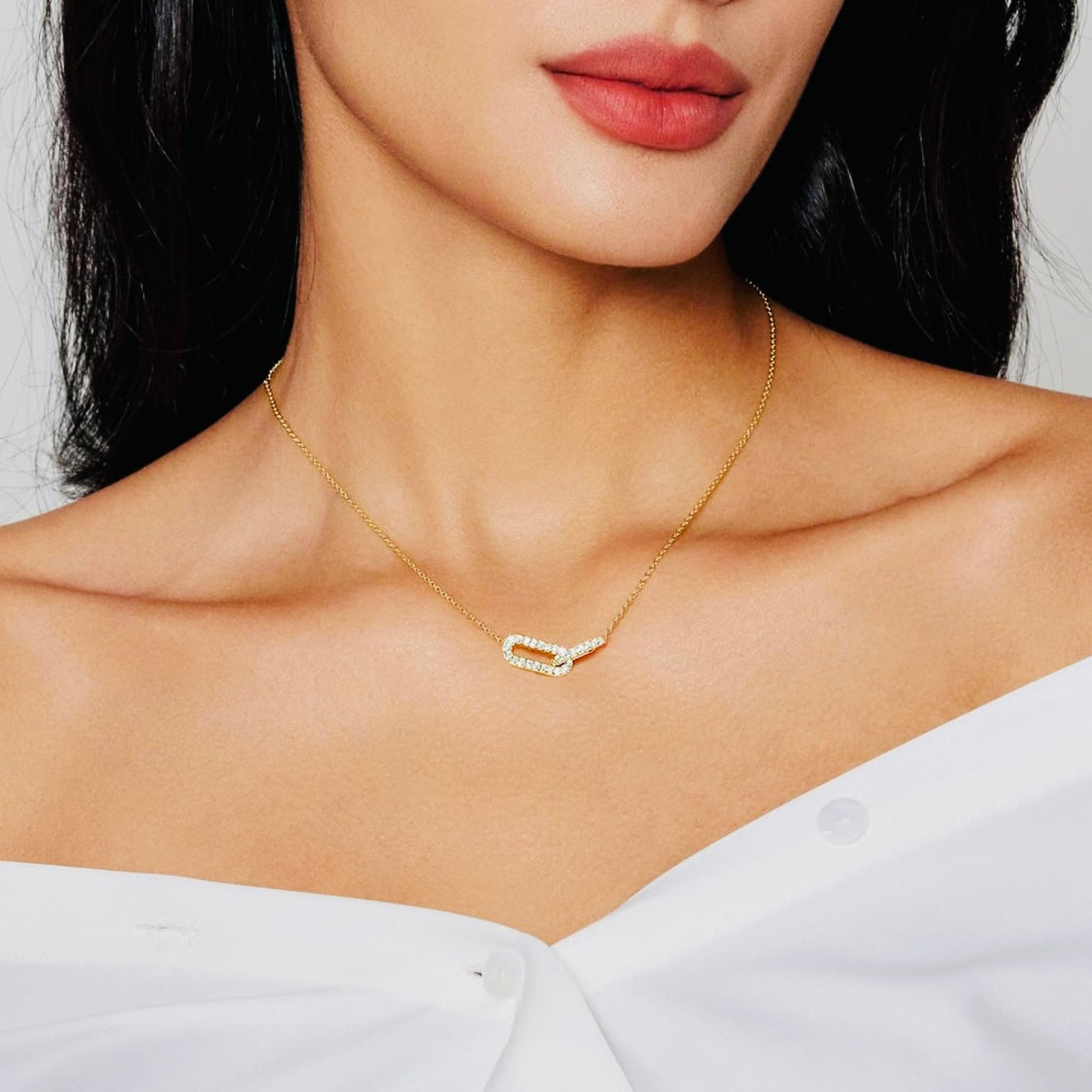 Dainty 14k Vermeil Gold Diamond Encrusted Double Link Minimalist Pendant Necklace