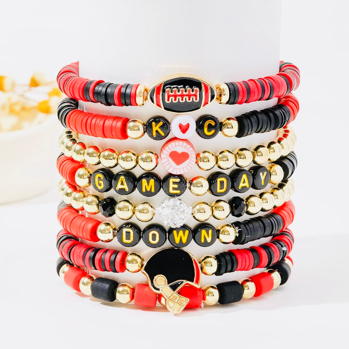 KC GameDay Red, Black, Gold CZ 8 Piece beaded Friendship Bracelet Set