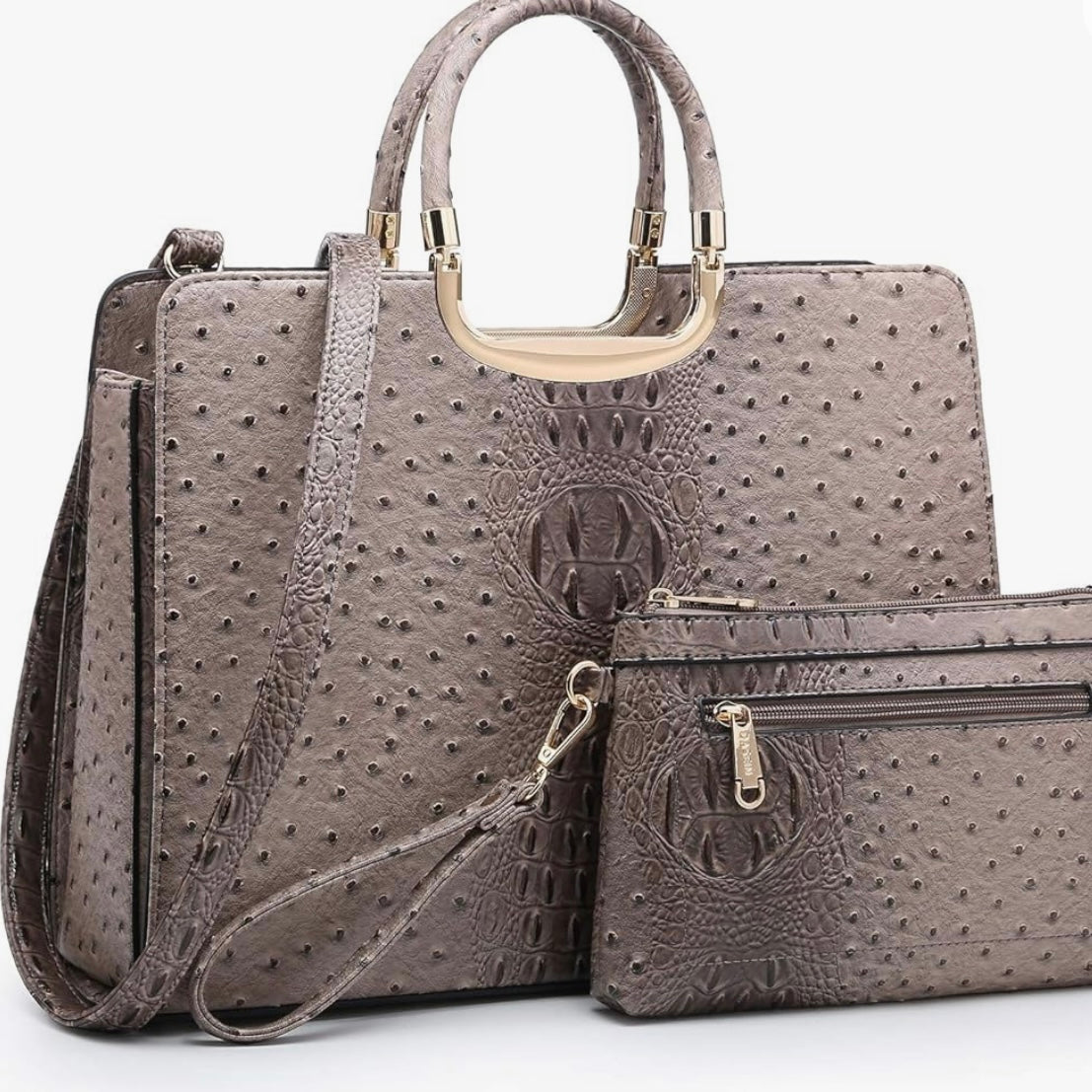 Ostrich vegan leather handbag with a tan and dark brown crocodile embossed feel and design with shiny gold accents, adjustable strap and a matching wallet wristlet for ladies. Only found and available for purchase at Facetreasures Boutique and LadiesNGentz.com