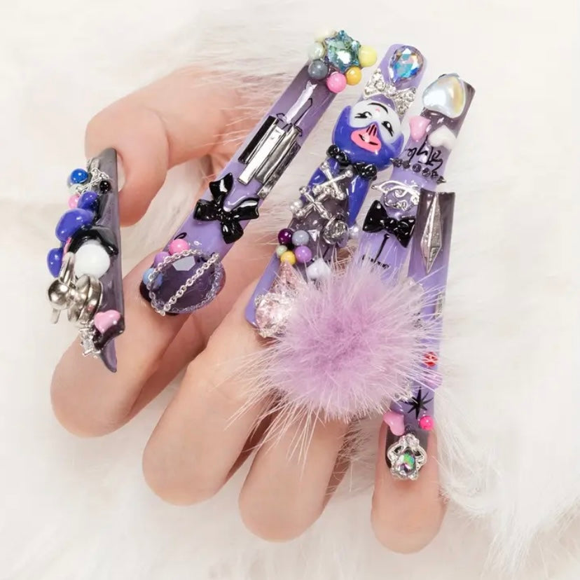 Handcrafted Kawaii Sanrio Press-On Nails – Extra Long Square Tips with Multicolor Bling & 3D Charms