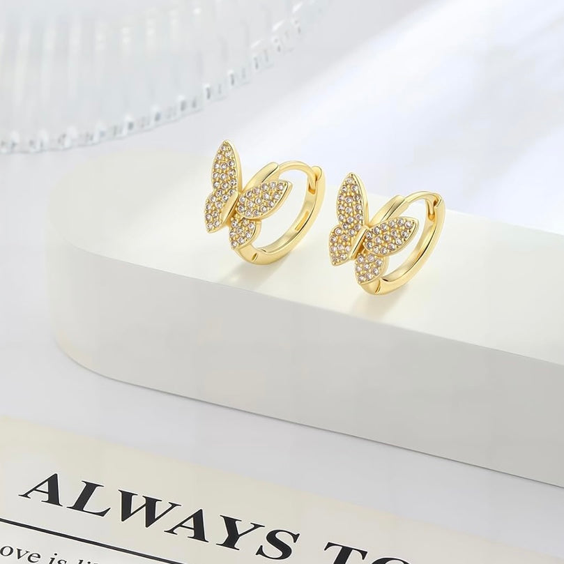 10k Gold Butterfly Huggie Earrings with CZ Crystals – Dainty Luxe Sparkle