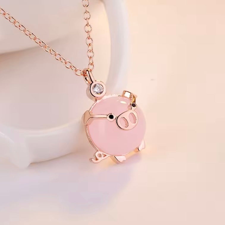 Rose Gold Piglet Pendant With Rose Quartz And Australian Crystal On 14k Vermeil Gold Or Silver Chain