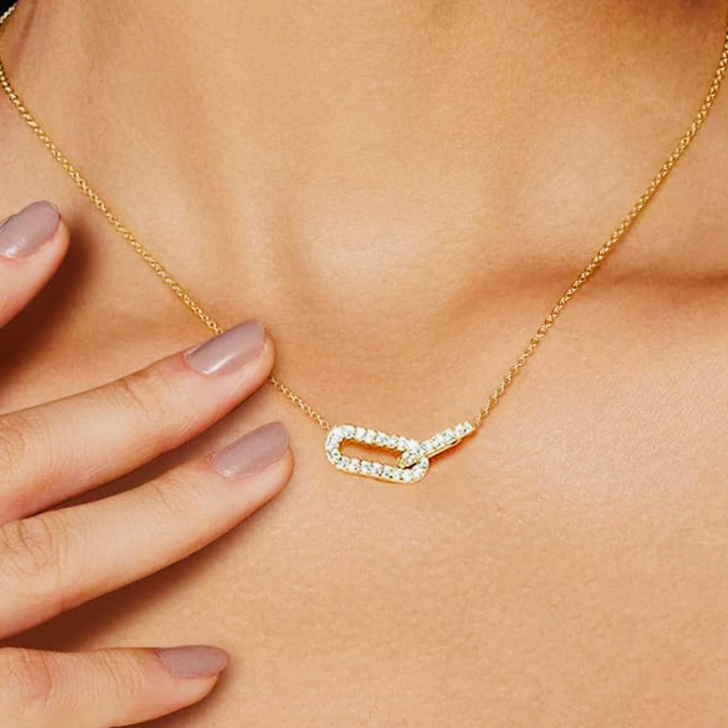 Dainty 14k Vermeil Gold Diamond Encrusted Double Link Minimalist Pendant Necklace