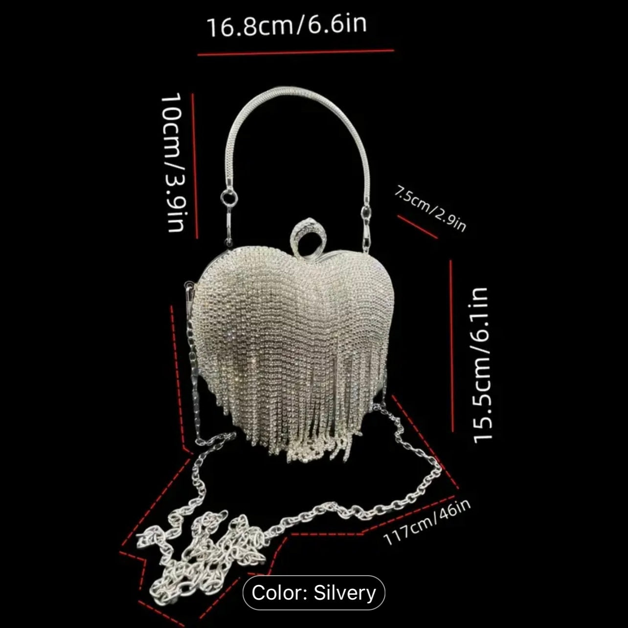 Glitter Diamond Heart-Shaped Tassel Handbag w/Adjustable Shoulder Chain in 4 Different Colors