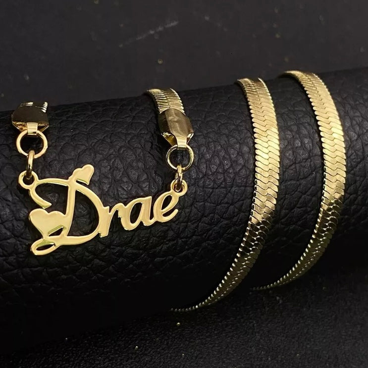 Customizable 14k Vermeil Gold Herringbone Necklace with Personalized Name Pendant W/ Free Shipping & Gift Box
