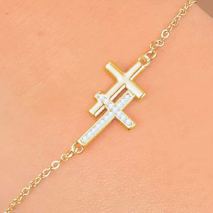 10k Gold Double Cross CZ Bracelet – Adjustable Faith & Sparkle Chain