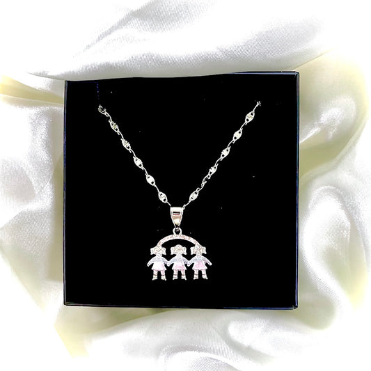 Tri-Color 3 Sister Silver, Gold, Rose Gold Pendant On 17inch Necklace