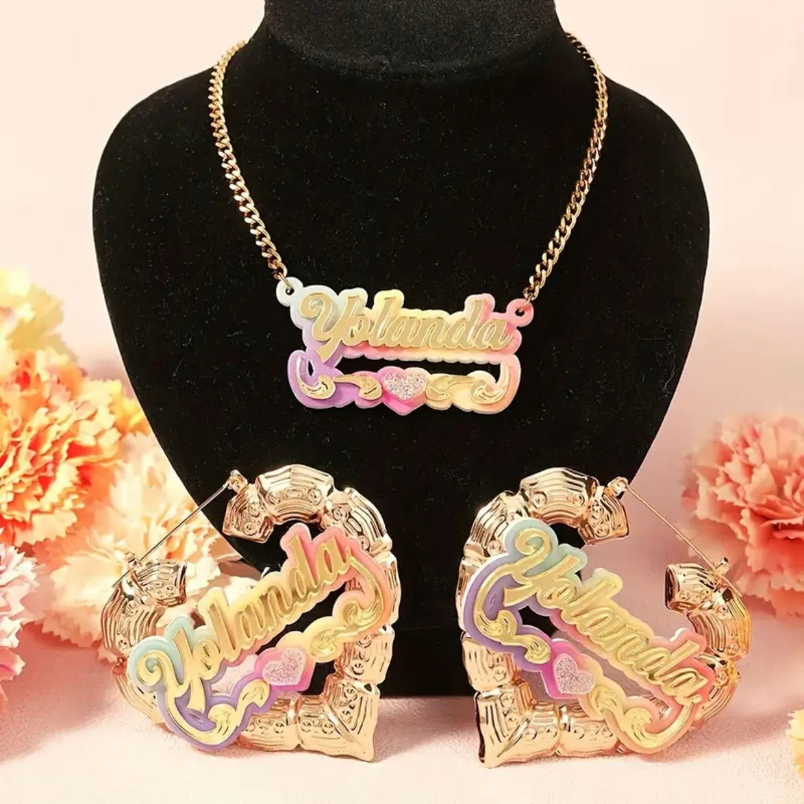 Personalized Cursive Name Necklace and Bamboo Earrings Set, Cute Iridescent Jewelry Gift