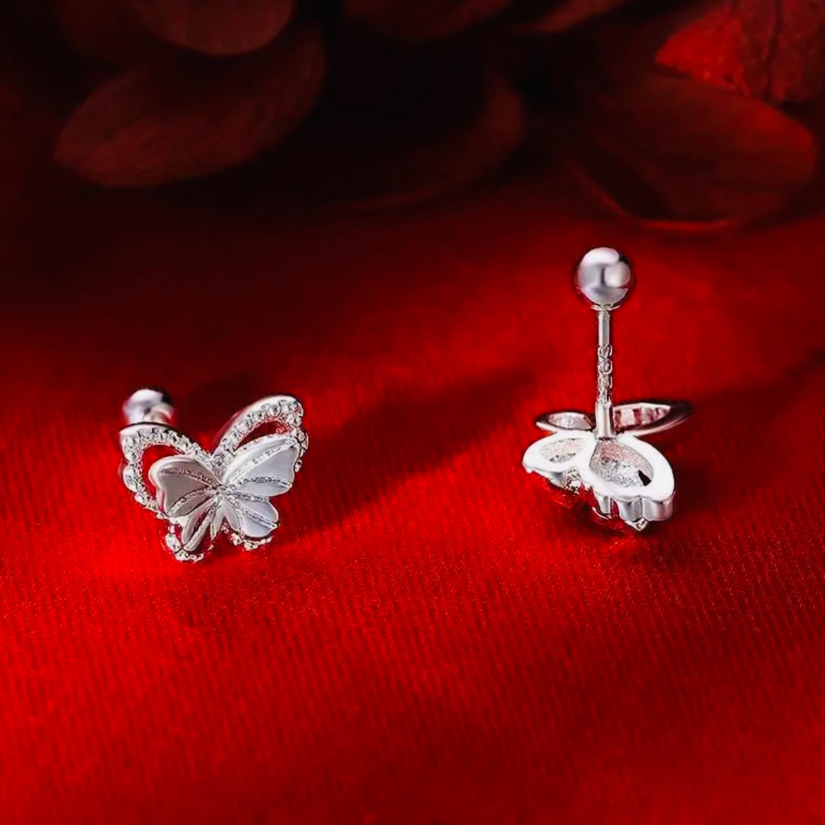 Dainty Silver Butterfly Stud Earrings with Sparkling CZ Crystals & Comfort Fit Back