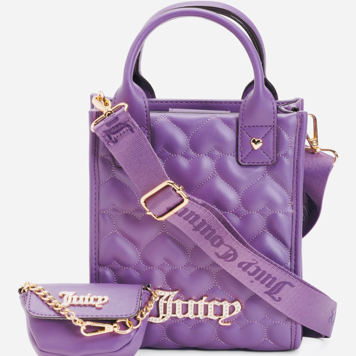 Juicy Couture 3 Piece Purple Heart Stitched Tote Cross Body Bag w/Coin Purse + Adjustable Strap