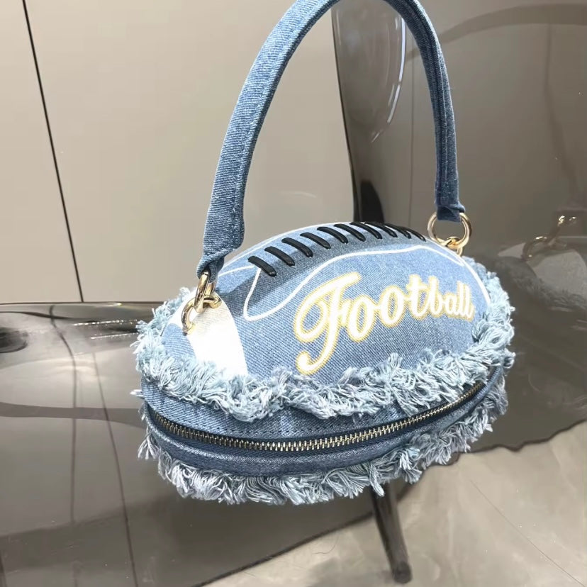 Denim Light Blue Football Handbag - Trendy Sports-Inspired Accessory