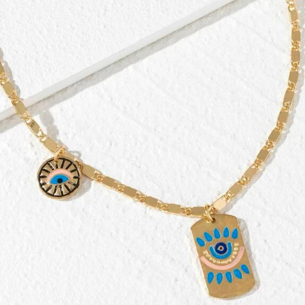Gold Plated Evil Eye & Protection Pendant Necklace With Blue Accents And A 17In Chain