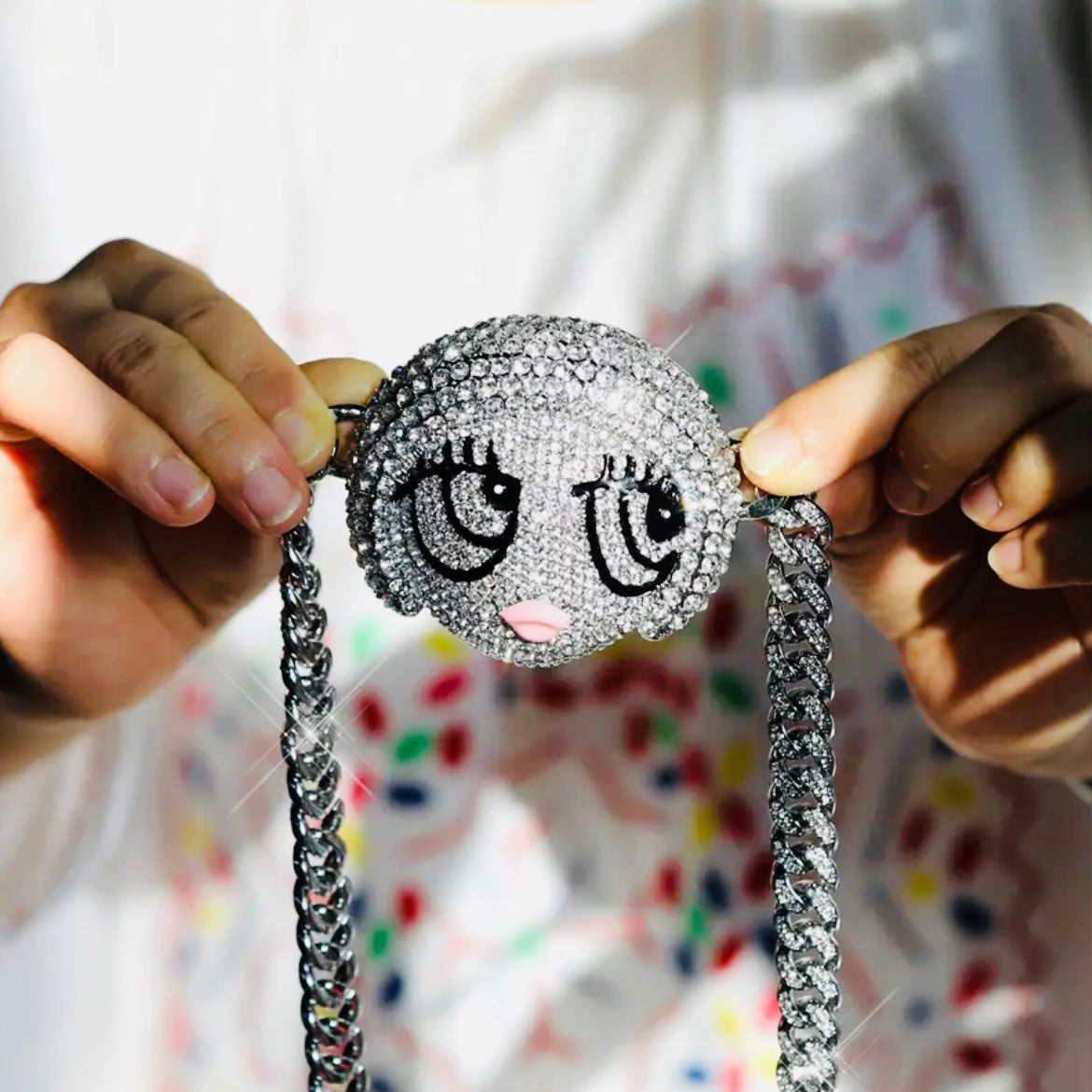 Ice Spice Silver CZ Gemstones Cartoon Pendant & 6mm CZ Cuban Link Hiphop Chain