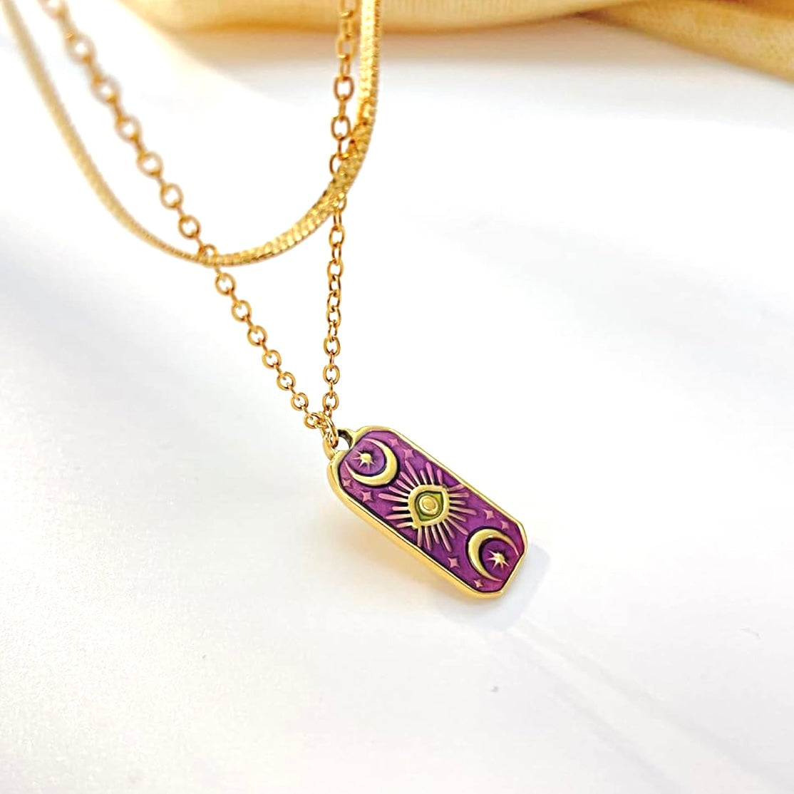 Gold Zodiac Layered Necklace – Minimalist Herringbone & Sun Tarot Pendant Necklace