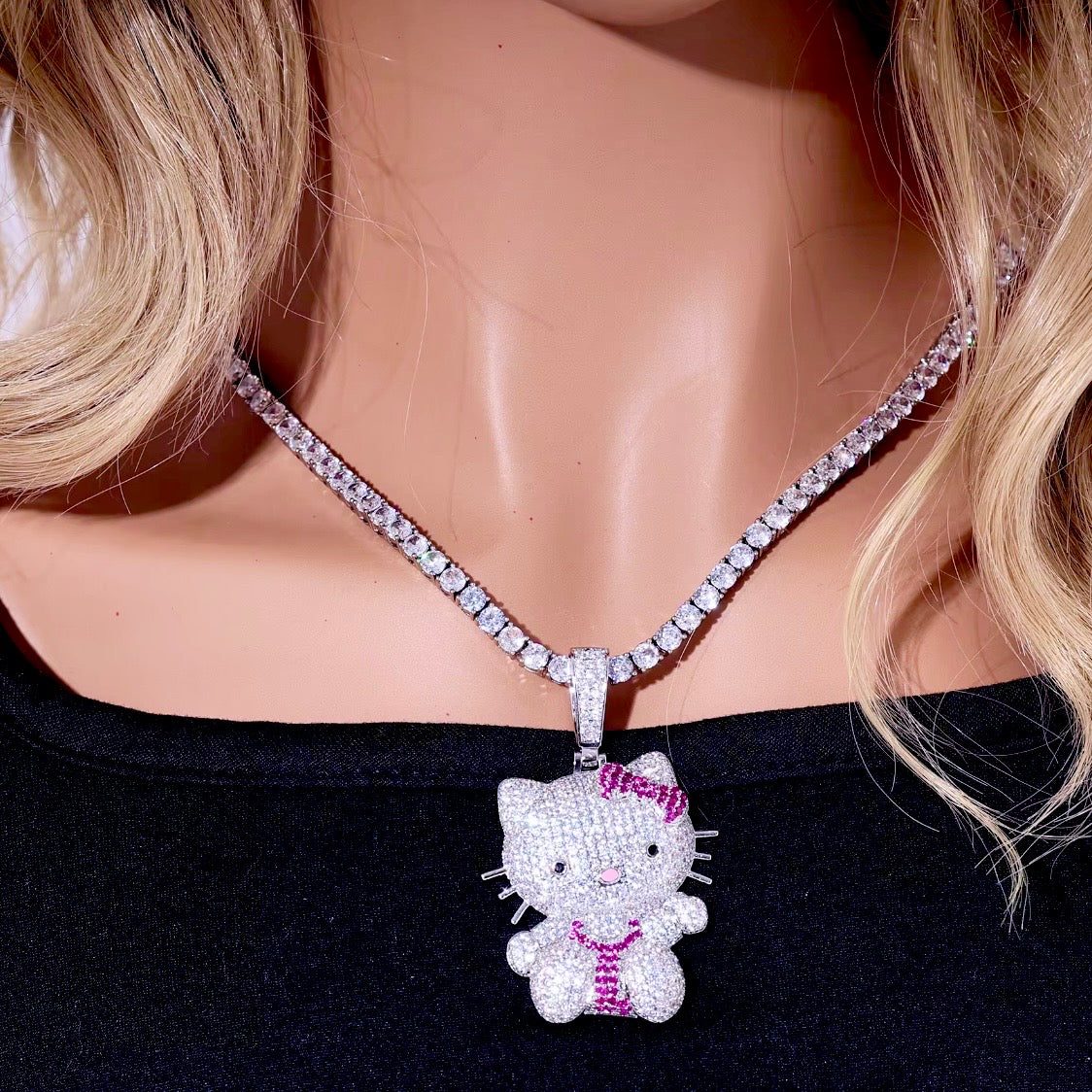 Silver Or Gold Multi Colored CZ Full Body Bling Kitty Pendant + Hiphop Tennis Necklace