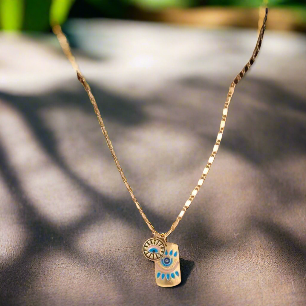 Gold Plated Evil Eye & Protection Pendant Necklace With Blue Accents And A 17In Chain