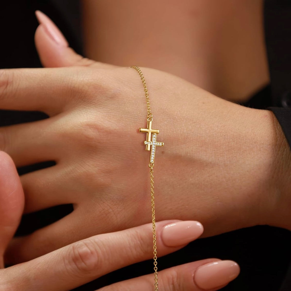 10k Gold Double Cross CZ Bracelet – Adjustable Faith & Sparkle Chain