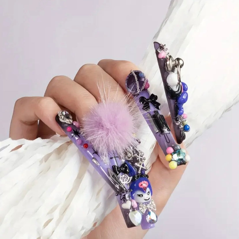 Handcrafted Kawaii Sanrio Press-On Nails – Extra Long Square Tips with Multicolor Bling & 3D Charms