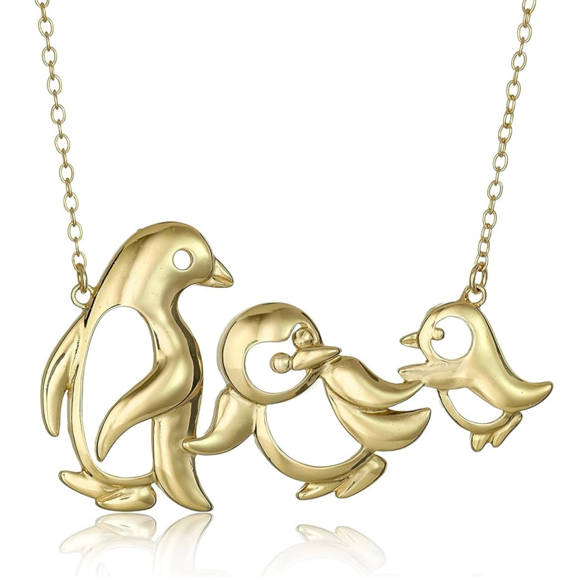 Triple Penguin Charm Necklace In Rose Gold Or 10K Gold, Hypoallergenic & Waterproof