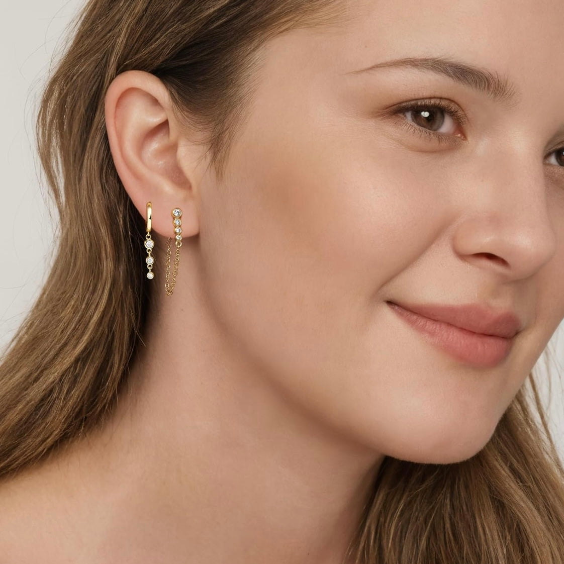 Gold Ear Stack Set – Dainty Hoop & Chain Earrings with CZ Gemstones | Ear Party, Ladies Pierced Jewelry