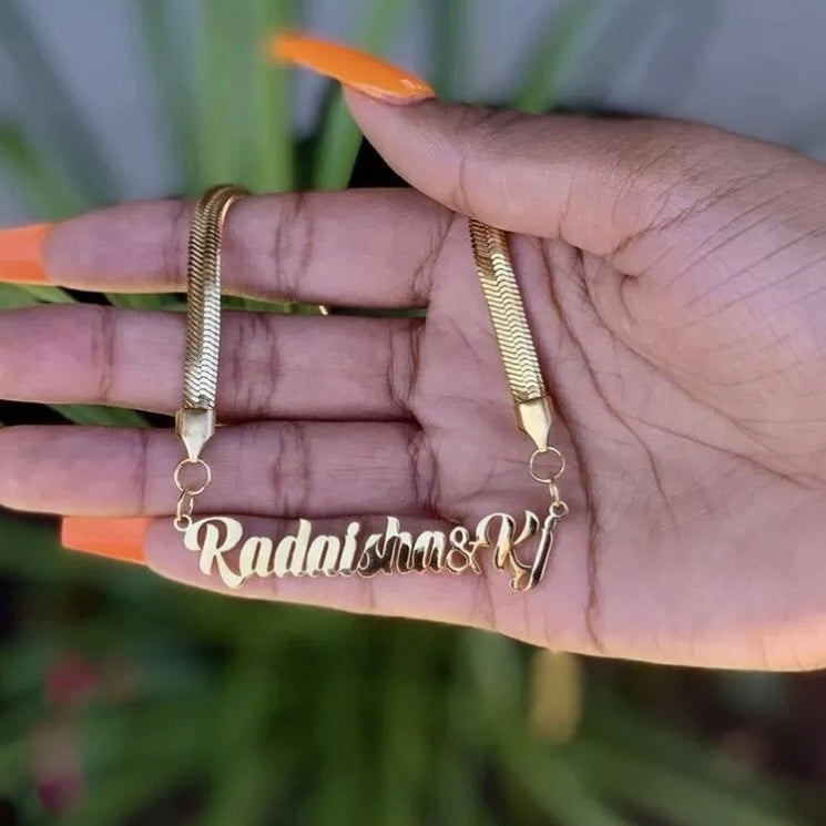 Customizable 14k Vermeil Gold Herringbone Necklace with Personalized Name Pendant W/ Free Shipping & Gift Box