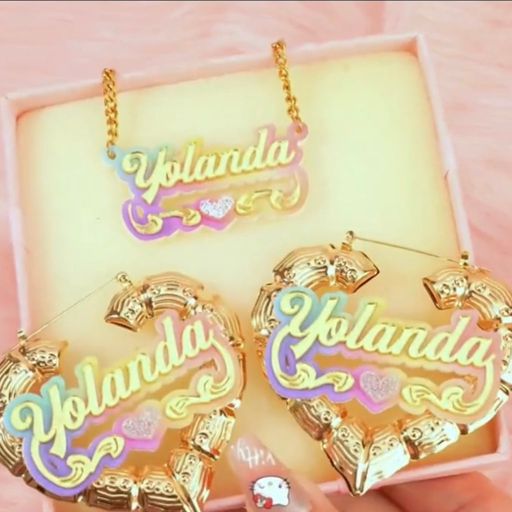 Personalized Cursive Name Necklace and Bamboo Earrings Set, Cute Iridescent Jewelry Gift