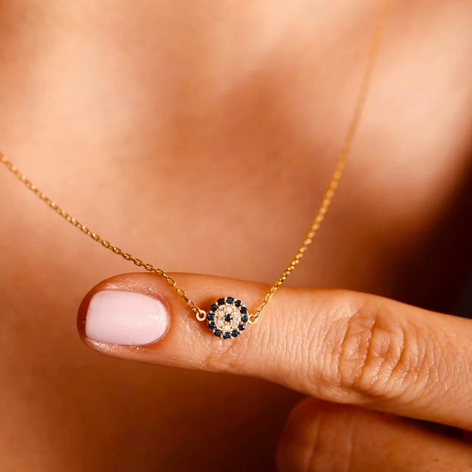 Ladies 15k 585 Solid Vermeil Gold Dainty Natural Blue Sapphire Crystal Precious Gemstone Evil Eye Pendant Necklace only available at LadiesNGentz.com or FaceTreasures.Com
