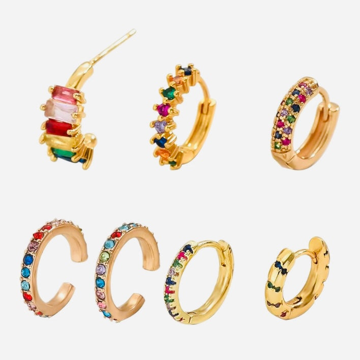 Elegant 7-Piece Ear Party Stacking Set - 14k Vermeil Gold & Silver with Sapphire and Multi-Color CZ Gemstones