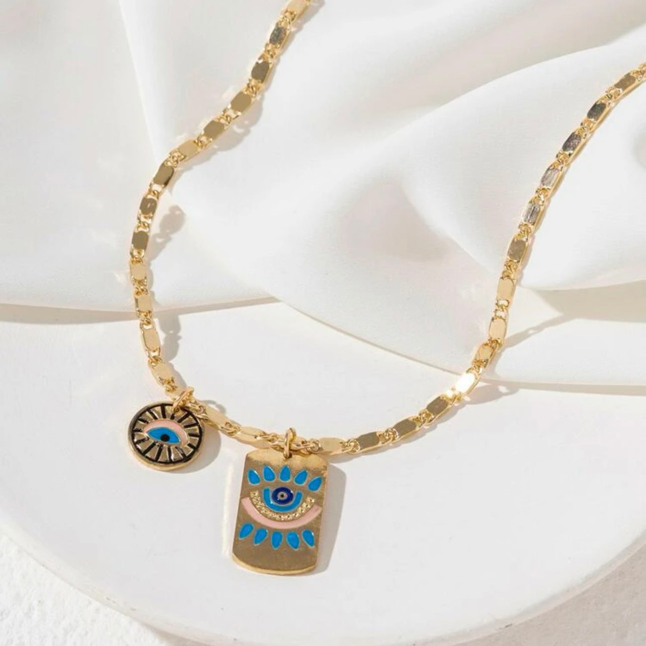 Gold Plated Evil Eye & Protection Pendant Necklace With Blue Accents And A 17In Chain