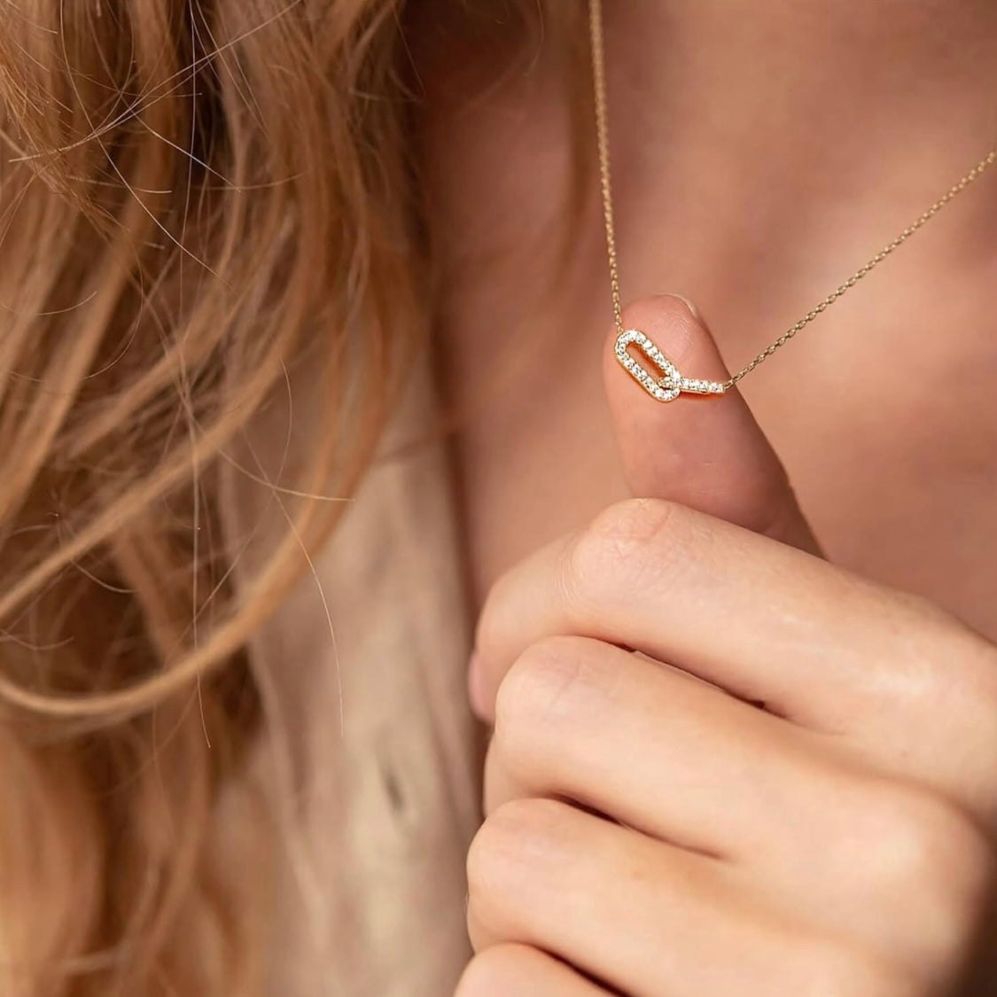 Dainty 14k Vermeil Gold Diamond Encrusted Double Link Minimalist Pendant Necklace