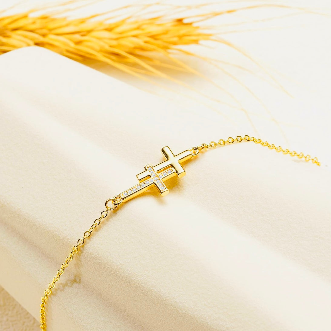 10k Gold Double Cross CZ Bracelet – Adjustable Faith & Sparkle Chain