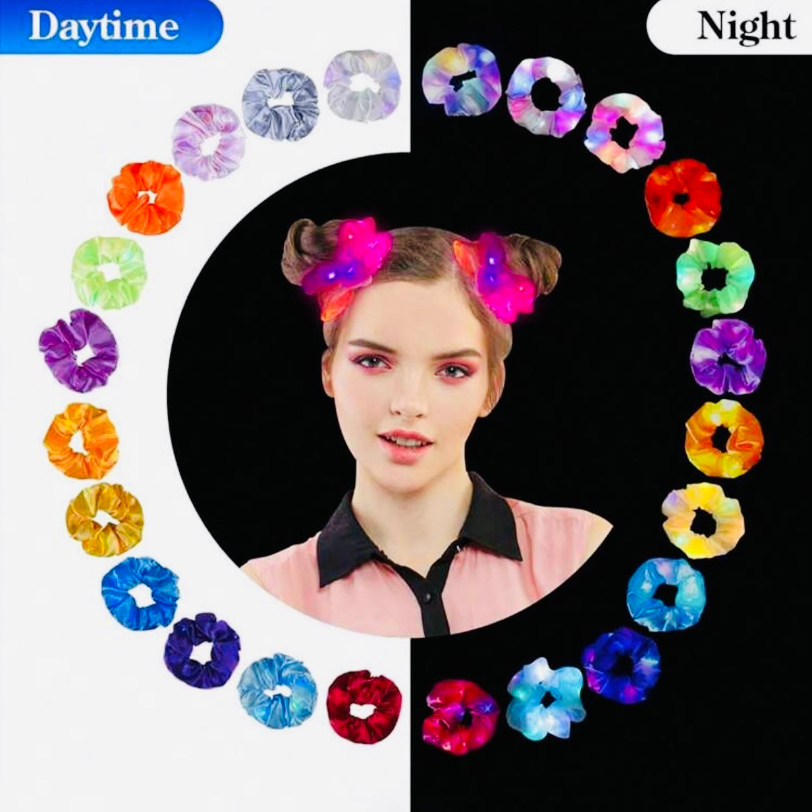 Light-Up Bamboo Silk Hair Scrunchies - Dancing LED Color-Changing Hair Ties That Moves To The The Beat! Single Or Variety Pack