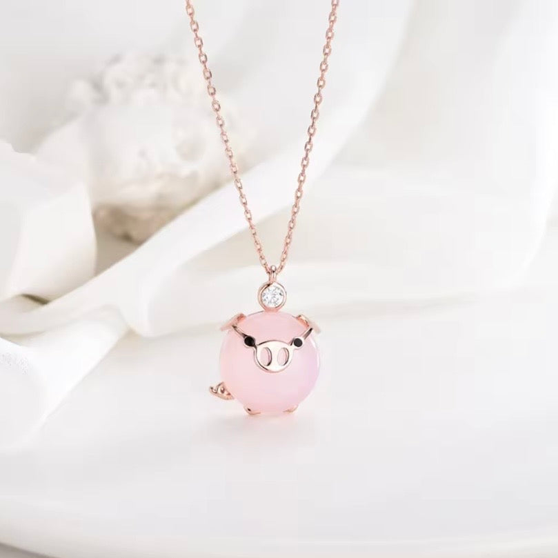 Rose Gold Piglet Pendant With Rose Quartz And Australian Crystal On 14k Vermeil Gold Or Silver Chain