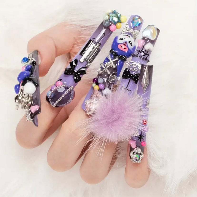 Handcrafted Kawaii Sanrio Press-On Nails – Extra Long Square Tips with Multicolor Bling & 3D Charms