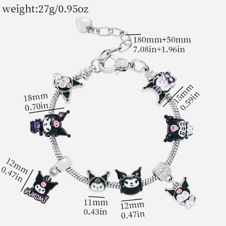 Sanrio Kuromi Kawaii Hello Kitty Charm Solid 925 Silver Bracelet with 3 inch extender