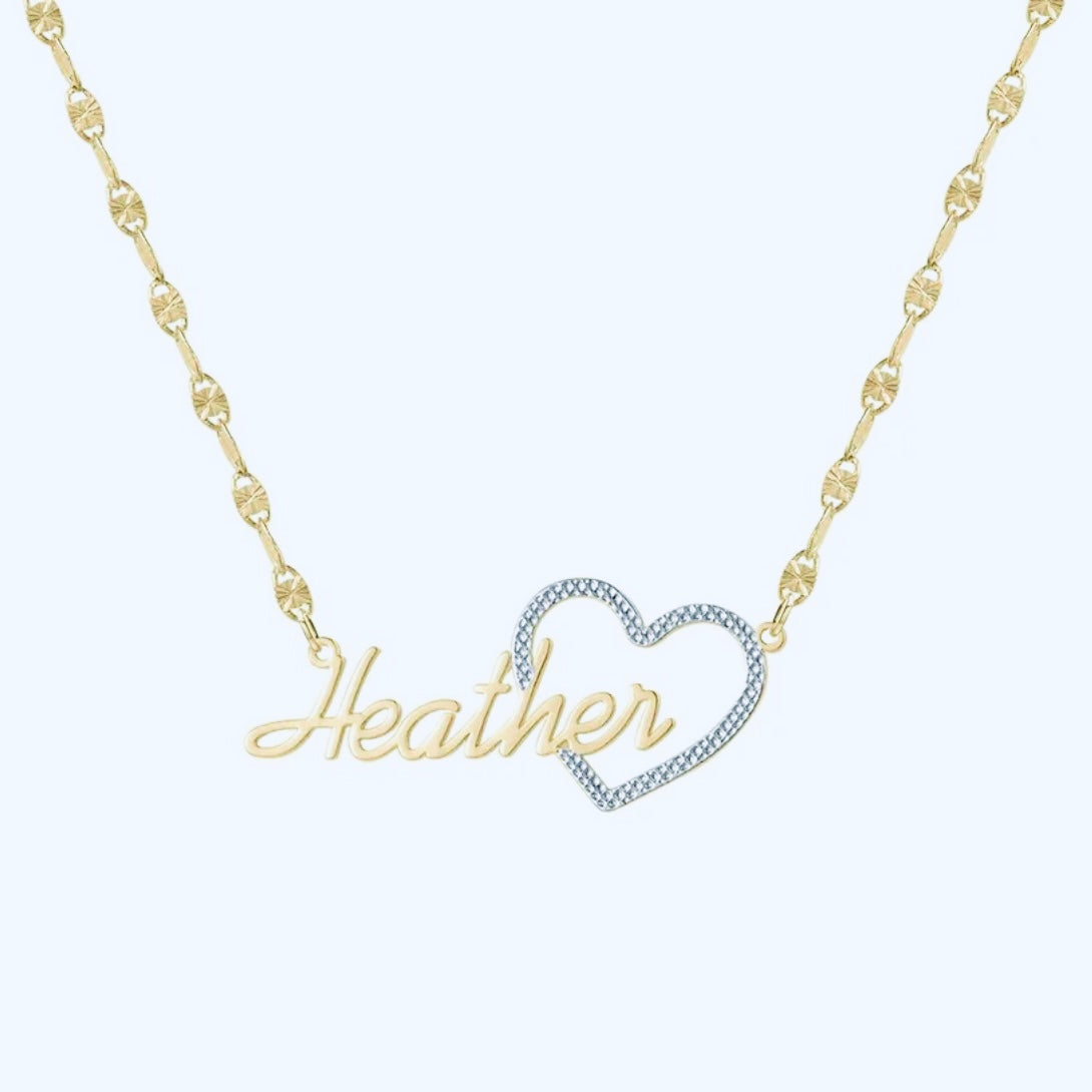 Zweifarbiger, herzförmiger Anhänger mit individuellem Namen aus 10 Karat Vermeil-Gold und Sterling-Silber mit passender Halskette