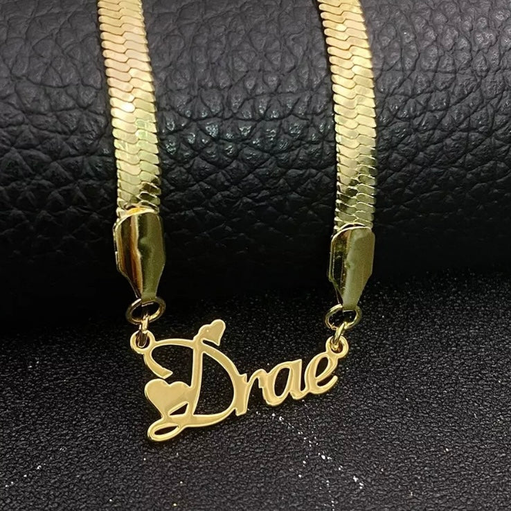 Customizable 14k Vermeil Gold Herringbone Necklace with Personalized Name Pendant W/ Free Shipping & Gift Box