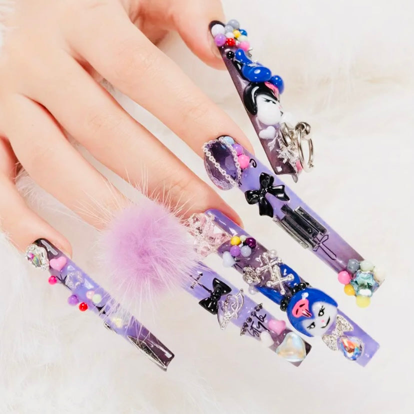 Handcrafted Kawaii Sanrio Press-On Nails – Extra Long Square Tips with Multicolor Bling & 3D Charms
