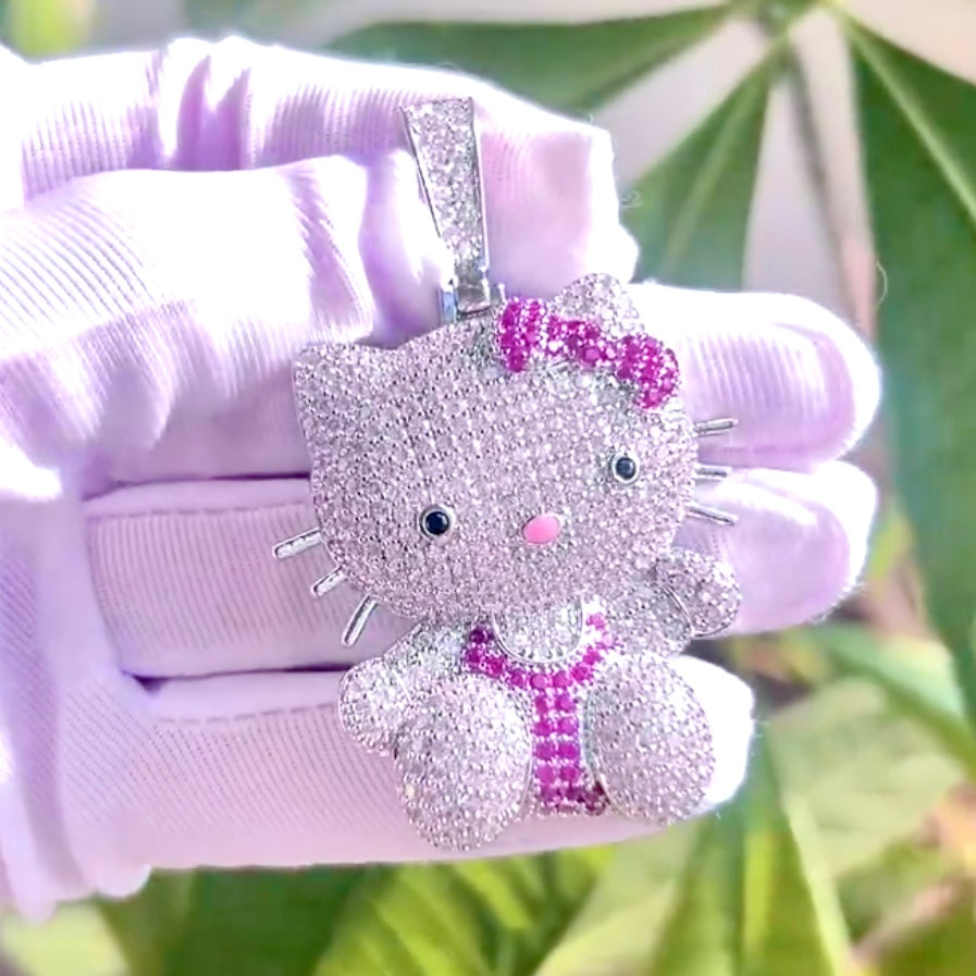 Silver Or Gold Multi Colored CZ Full Body Bling Kitty Pendant + Hiphop Tennis Necklace