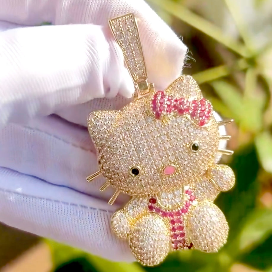 Silver Or Gold Multi Colored CZ Full Body Bling Kitty Pendant + Hiphop Tennis Necklace