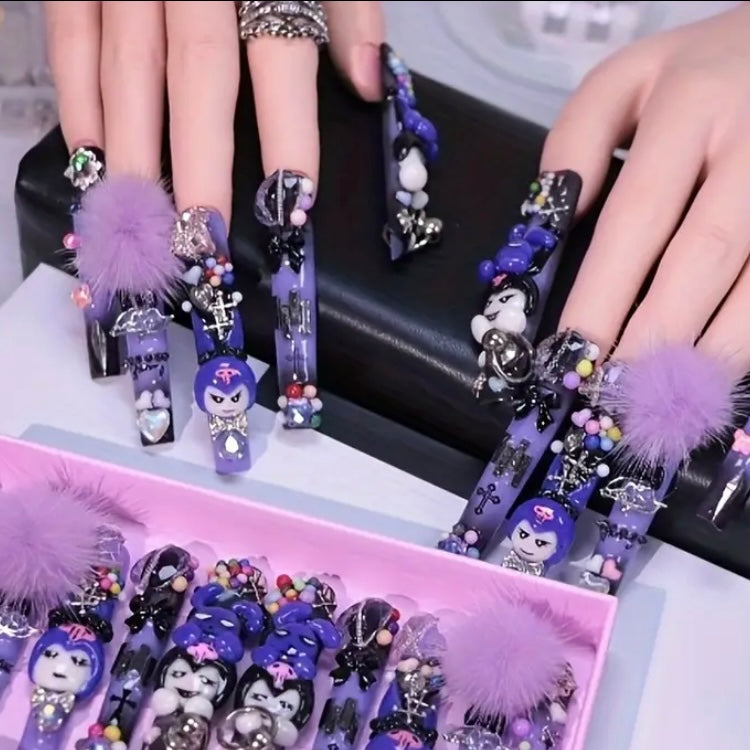 Handcrafted Kawaii Sanrio Press-On Nails – Extra Long Square Tips with Multicolor Bling & 3D Charms