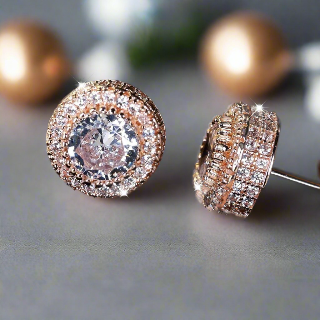 14k Vermeil Rose Gold Hypoallergenic Cubic zirconia & Sapphire Encrusted Stud Earring set
