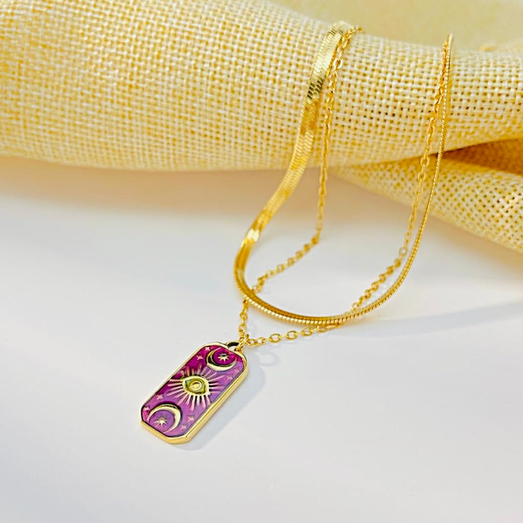 Gold Zodiac Layered Necklace – Minimalist Herringbone & Sun Tarot Pendant Necklace
