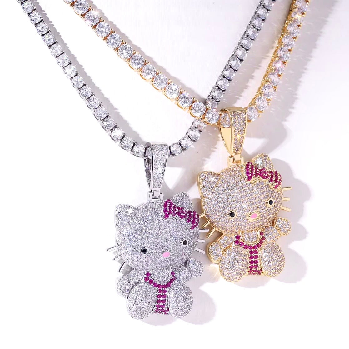 Silver Or Gold Multi Colored CZ Full Body Bling Kitty Pendant + Hiphop Tennis Necklace