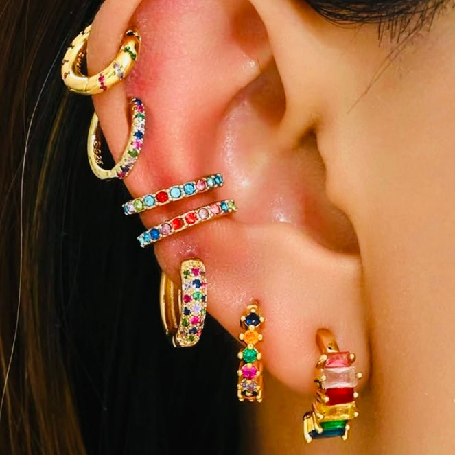 Elegant 7-Piece Ear Party Stacking Set - 14k Vermeil Gold & Silver with Sapphire and Multi-Color CZ Gemstones
