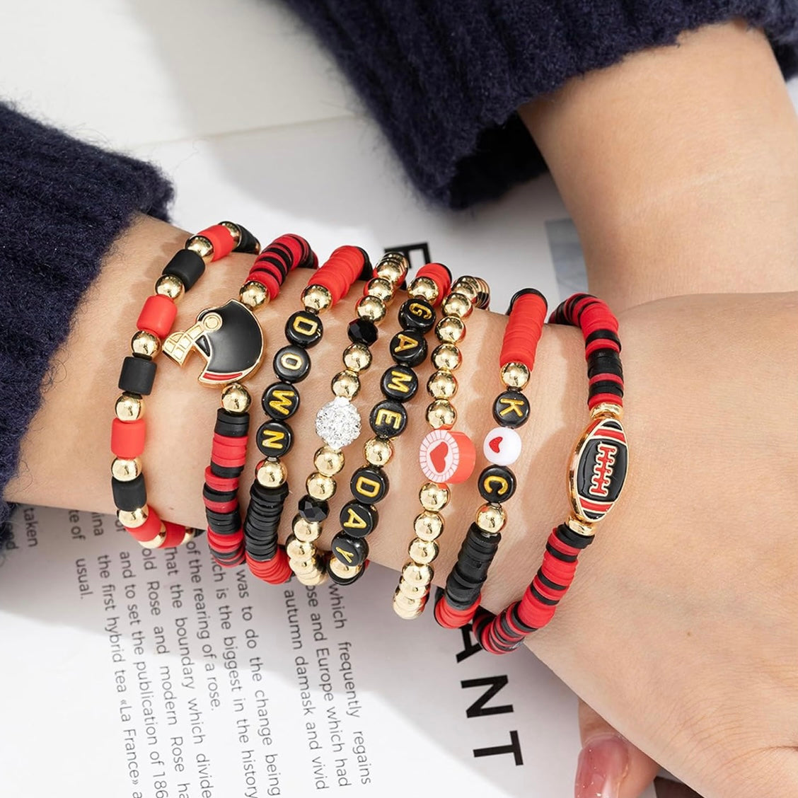 KC GameDay Red, Black, Gold CZ 8 Piece beaded Friendship Bracelet Set