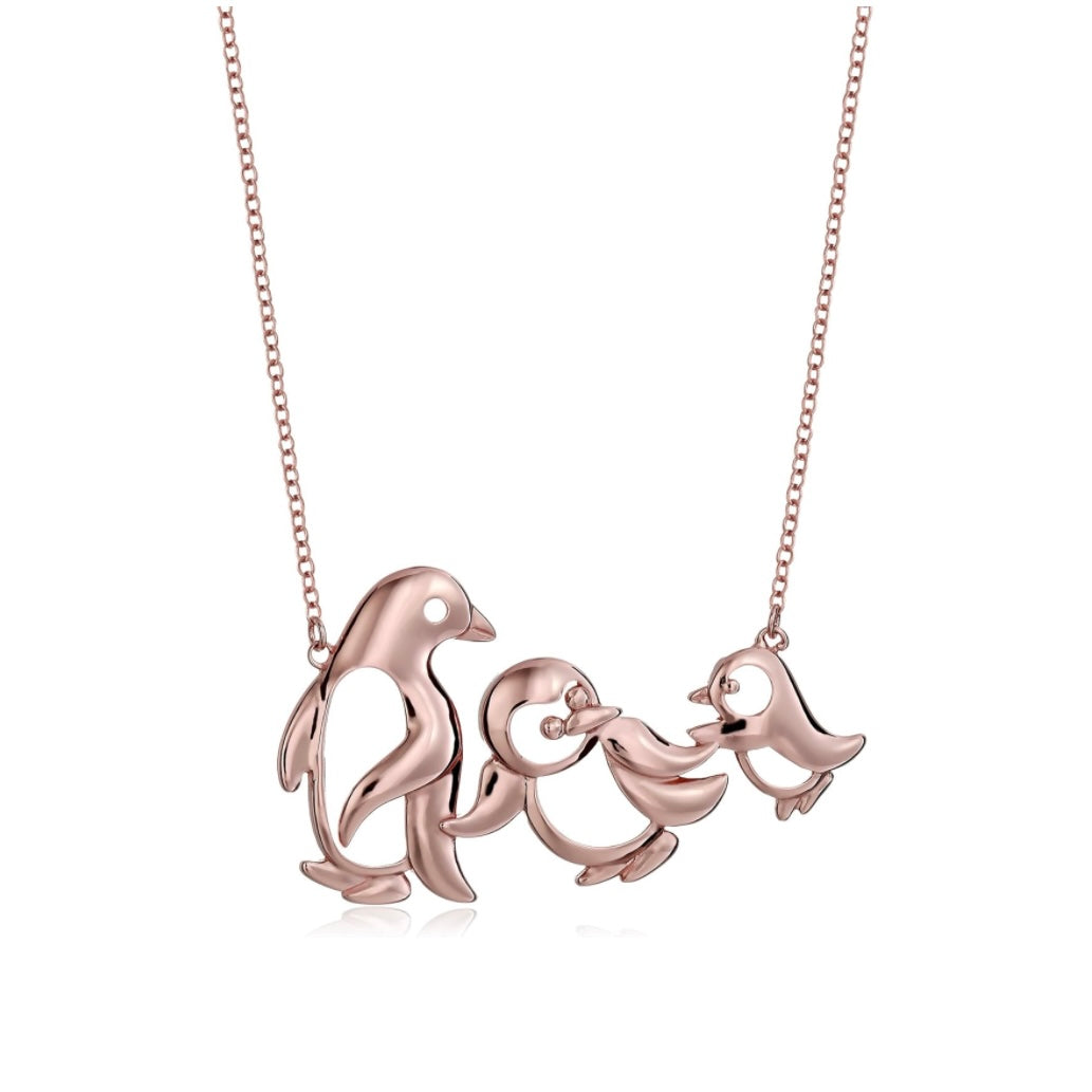 Triple Penguin Charm Necklace In Rose Gold Or 10K Gold, Hypoallergenic & Waterproof