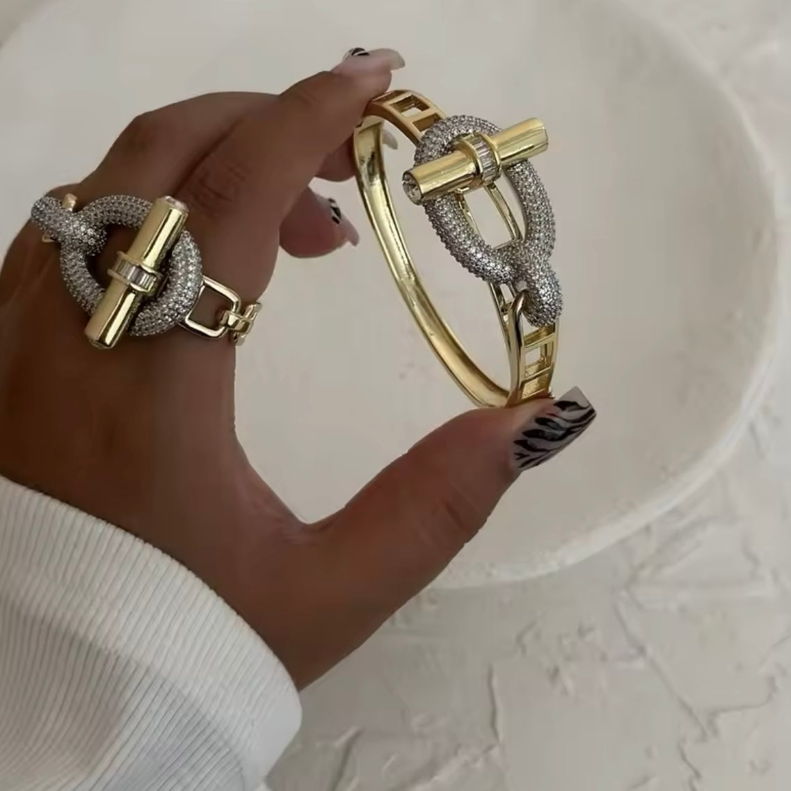Gold and Silver Buckle Bracelet & Matching Double Finger Ring - Unique Intertwined Design